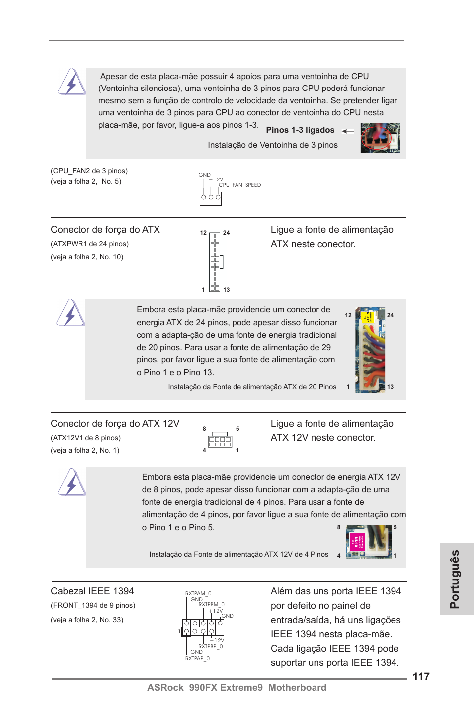 Português, Asrock 990fx extreme9 motherboard, Atx neste conector | Atx 12v neste conector, Por defeito no painel de | ASRock 990FX Extreme9 User Manual | Page 117 / 193