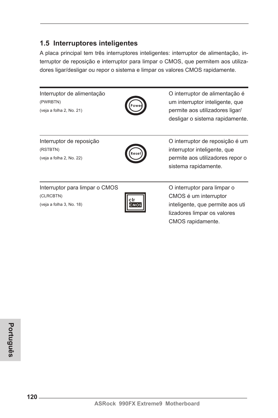 Português, 5 interruptores inteligentes | ASRock 990FX Extreme9 User Manual | Page 120 / 193