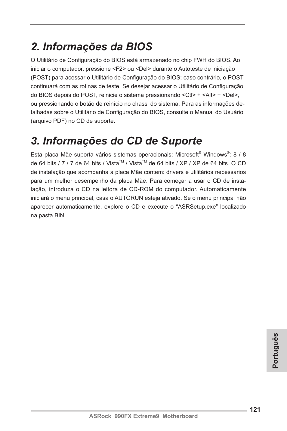Informações da bios, Informações do cd de suporte, Português | ASRock 990FX Extreme9 User Manual | Page 121 / 193