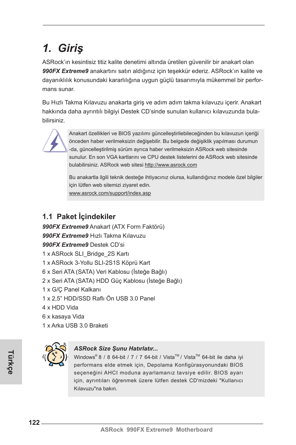 Turkish, Giriş, 1 paket içindekiler | Türkçe | ASRock 990FX Extreme9 User Manual | Page 122 / 193
