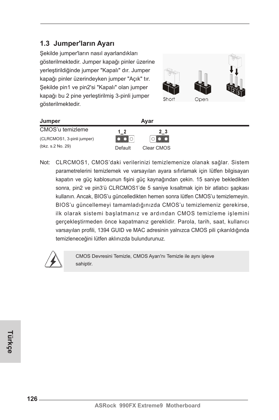 3 jumper'ların ayarı, Türkçe | ASRock 990FX Extreme9 User Manual | Page 126 / 193