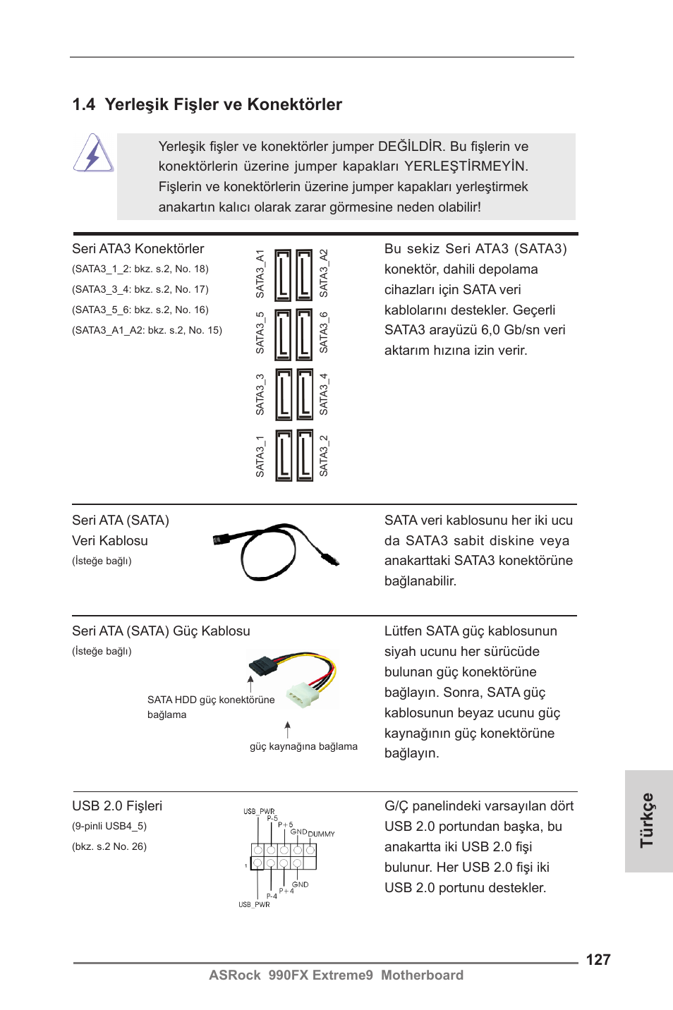 4 yerleşik fişler ve konektörler, Türkçe | ASRock 990FX Extreme9 User Manual | Page 127 / 193