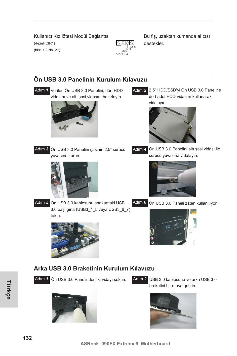 Ön usb 3.0 panelinin kurulum kılavuzu, Arka usb 3.0 braketinin kurulum kılavuzu, Türkçe | ASRock 990FX Extreme9 User Manual | Page 132 / 193