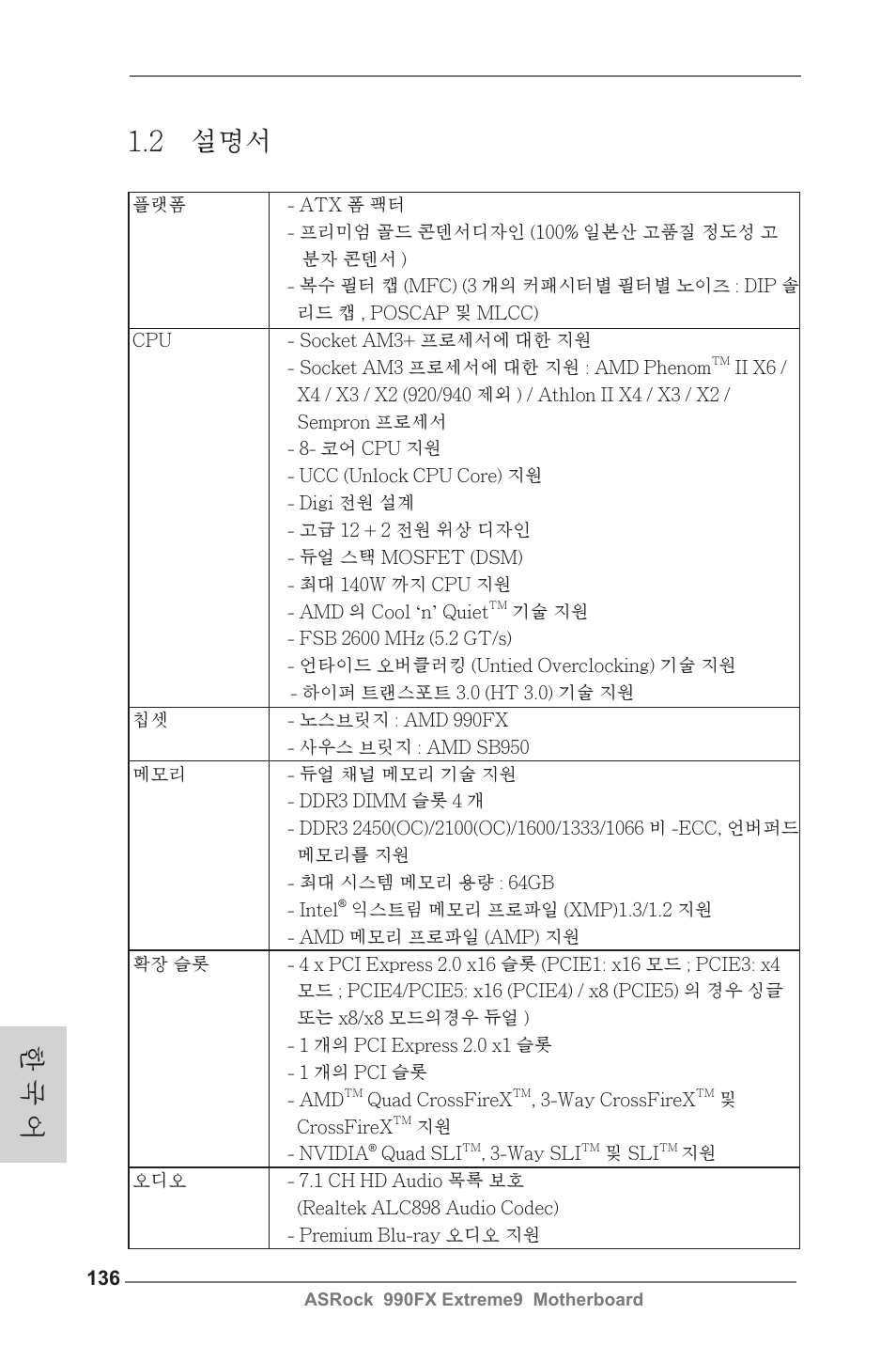 한 국 어 1.2 설명서 | ASRock 990FX Extreme9 User Manual | Page 136 / 193