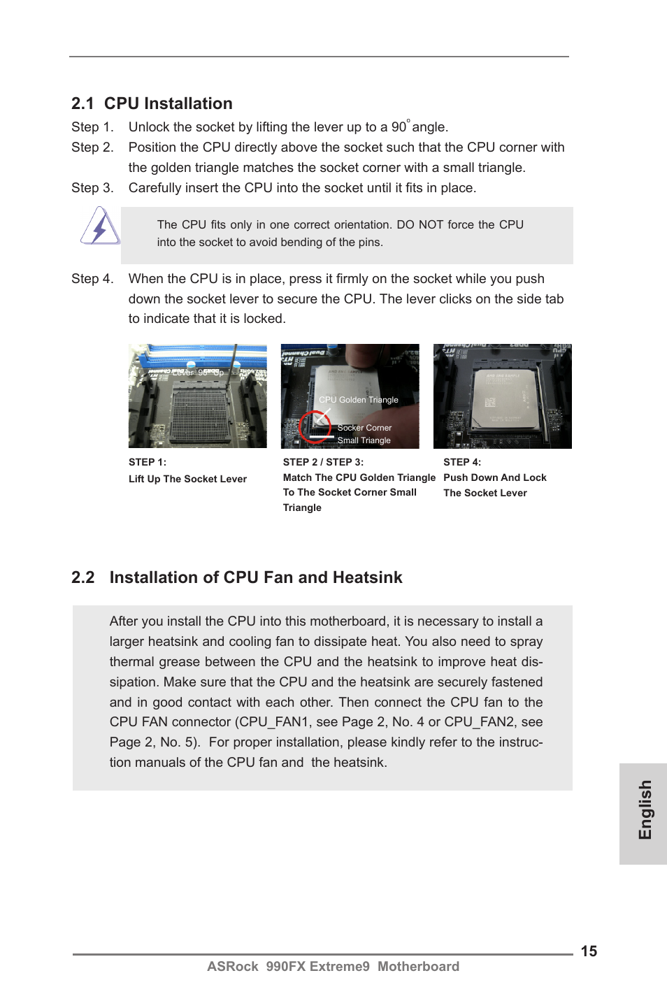 English 2.1 cpu installation, 2 installation of cpu fan and heatsink | ASRock 990FX Extreme9 User Manual | Page 15 / 193