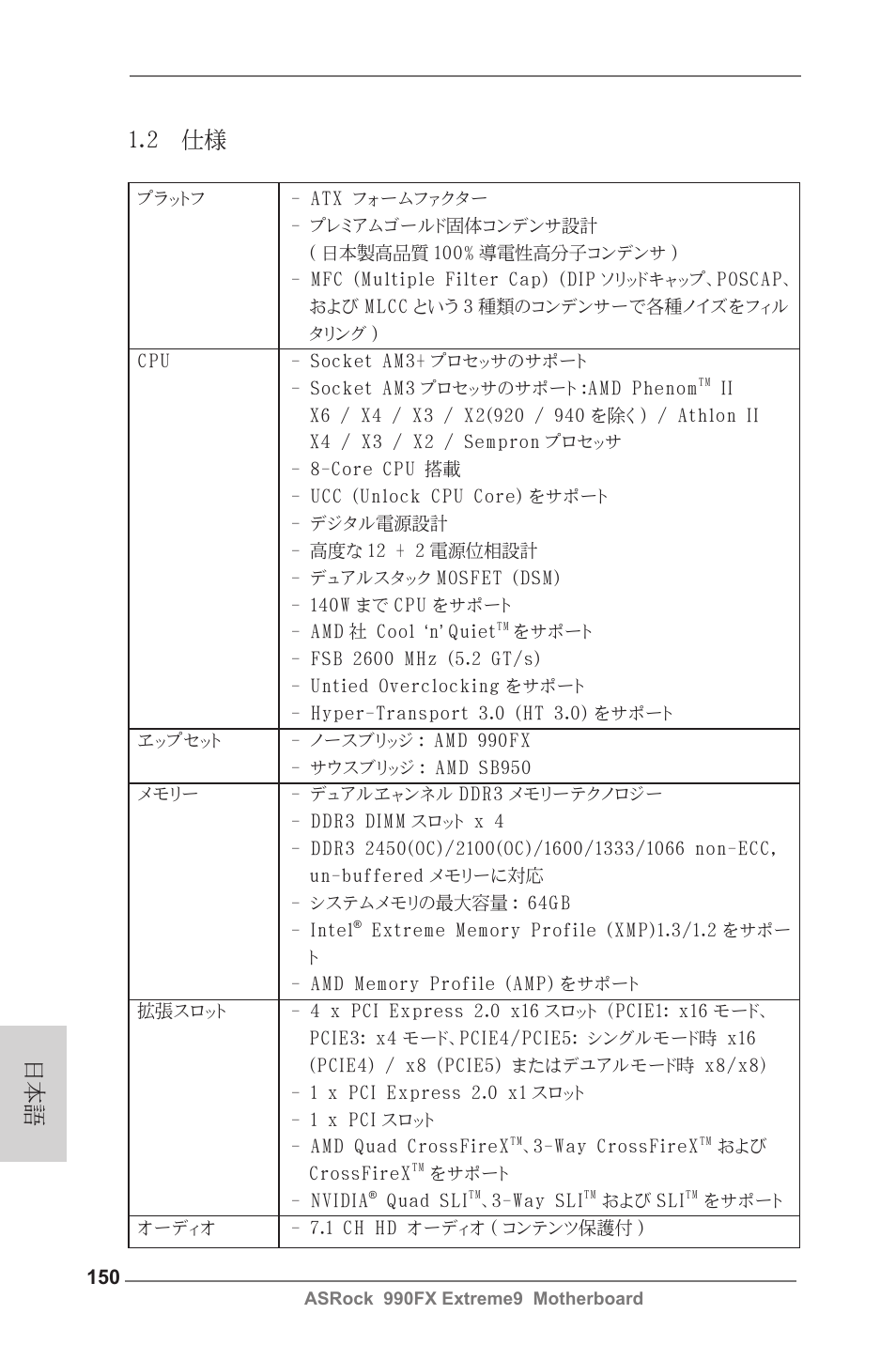 日本語 1.2 仕様 | ASRock 990FX Extreme9 User Manual | Page 150 / 193