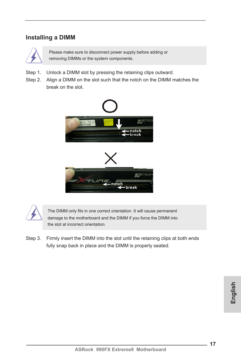 English installing a dimm | ASRock 990FX Extreme9 User Manual | Page 17 / 193