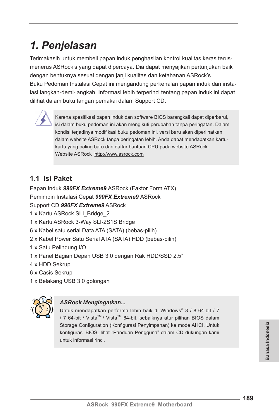 Indonesian, Penjelasan, 1 isi paket | ASRock 990FX Extreme9 User Manual | Page 189 / 193