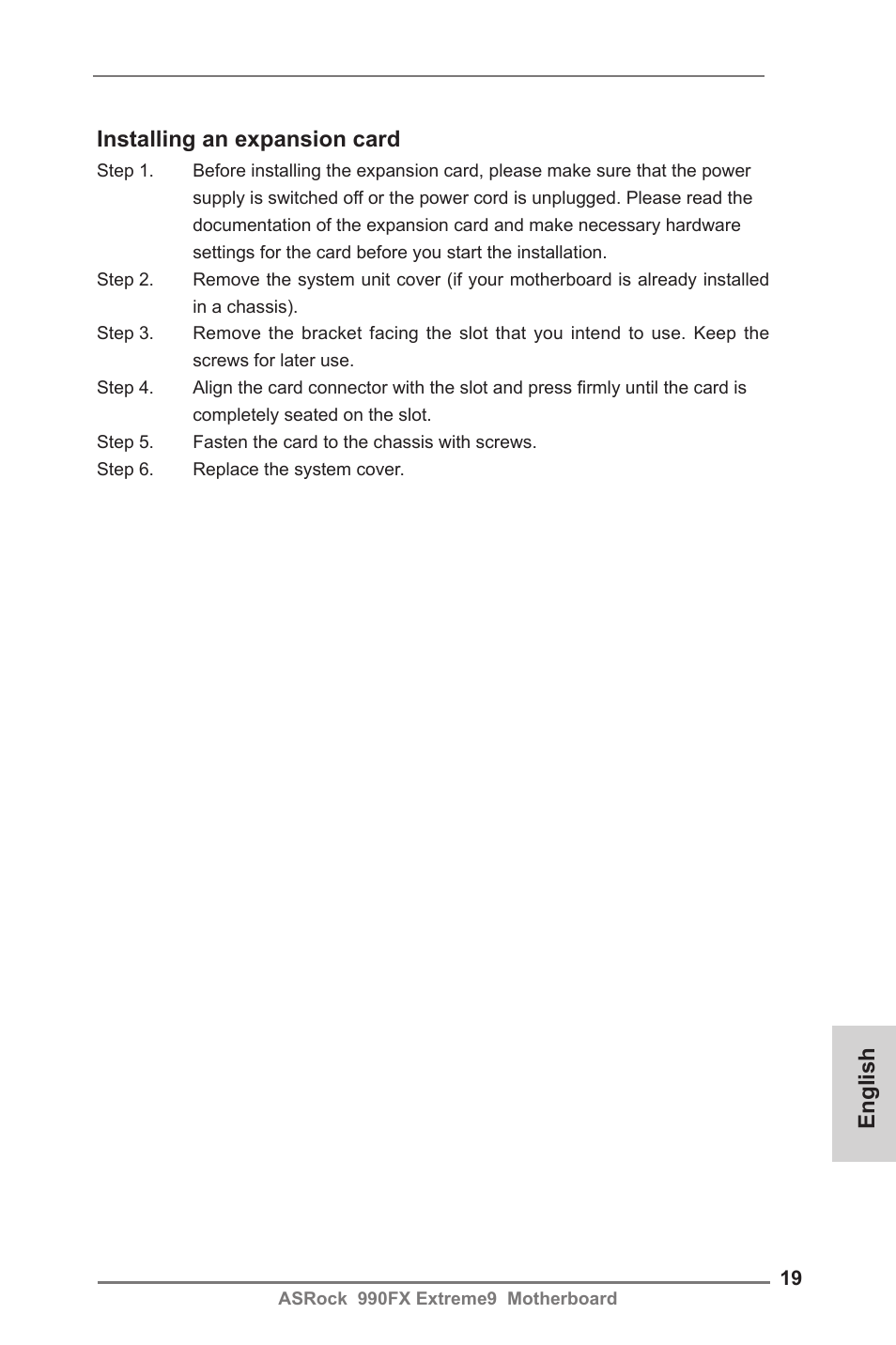 English installing an expansion card | ASRock 990FX Extreme9 User Manual | Page 19 / 193