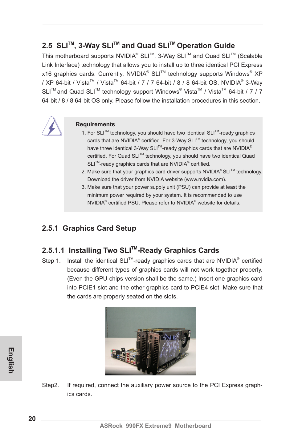 English 2.5 sli, Way sli, And quad sli | Operation guide, Ready graphics cards | ASRock 990FX Extreme9 User Manual | Page 20 / 193