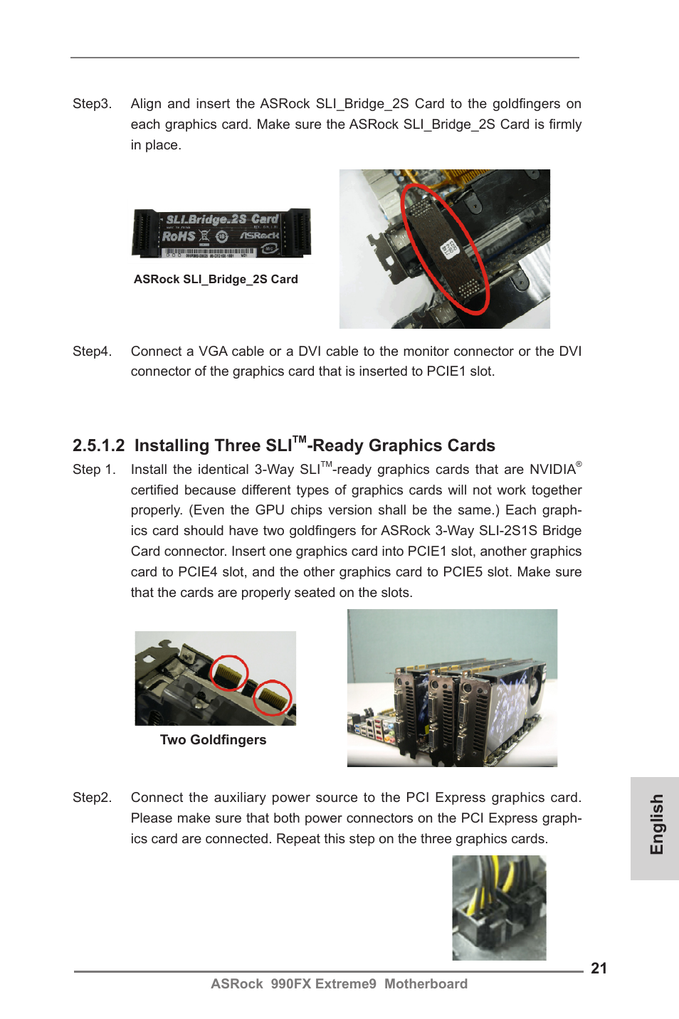 English, 2 installing three sli, Ready graphics cards | ASRock 990FX Extreme9 User Manual | Page 21 / 193