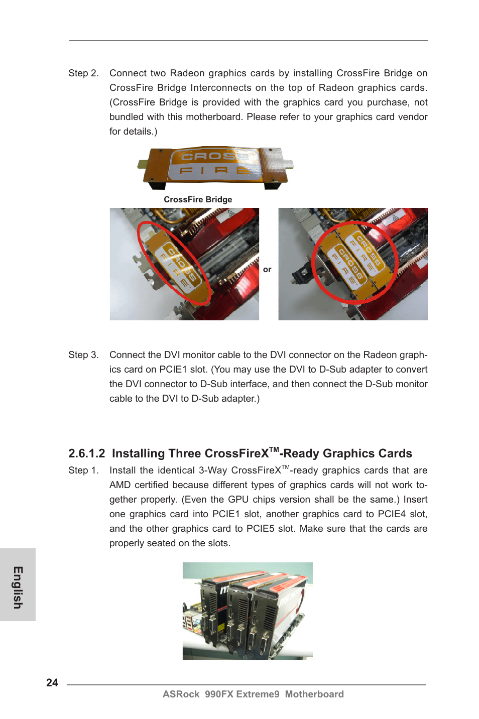 English, 2 installing three crossfirex, Ready graphics cards | ASRock 990FX Extreme9 User Manual | Page 24 / 193