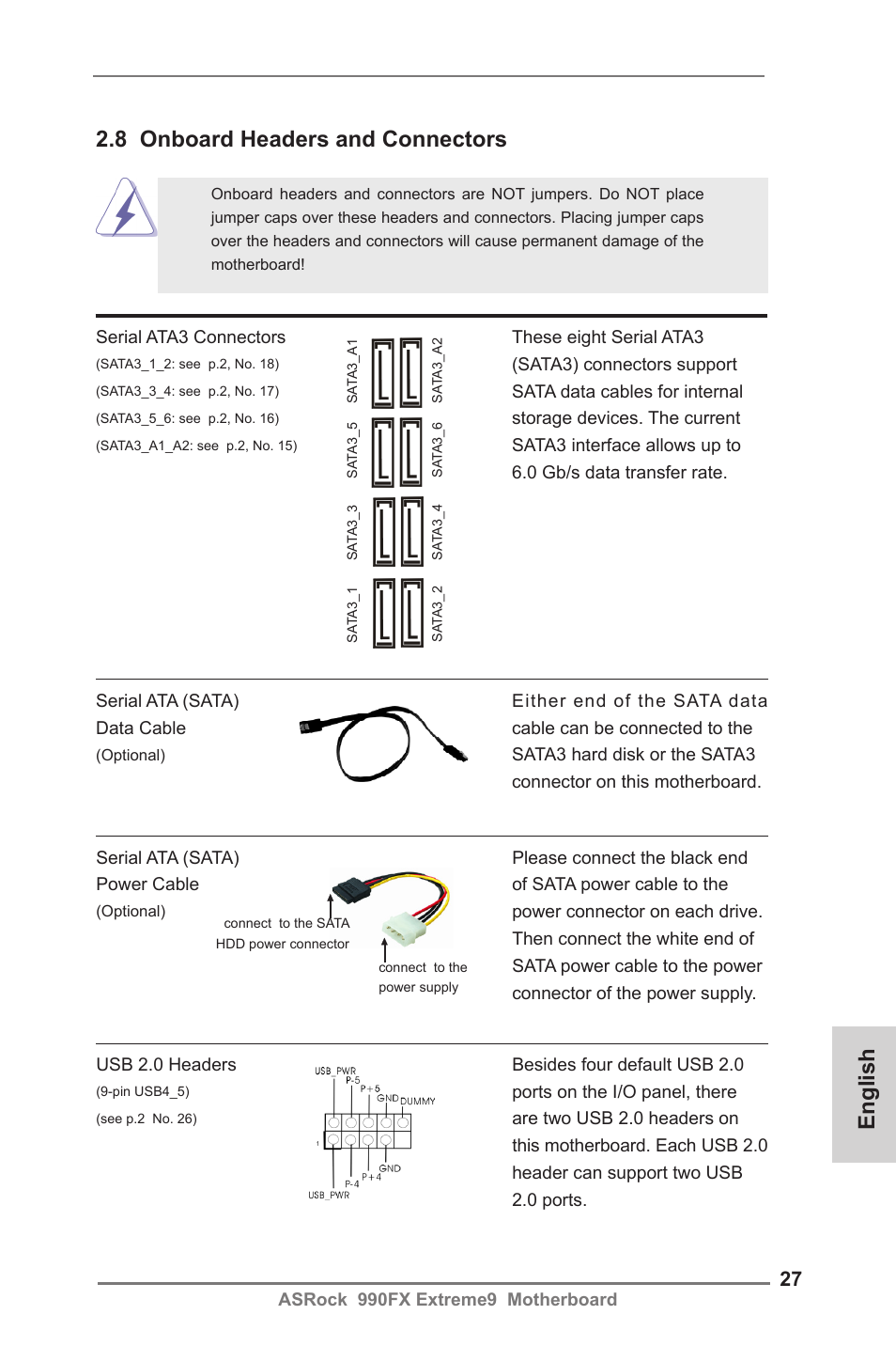 English, 8 onboard headers and connectors | ASRock 990FX Extreme9 User Manual | Page 27 / 193
