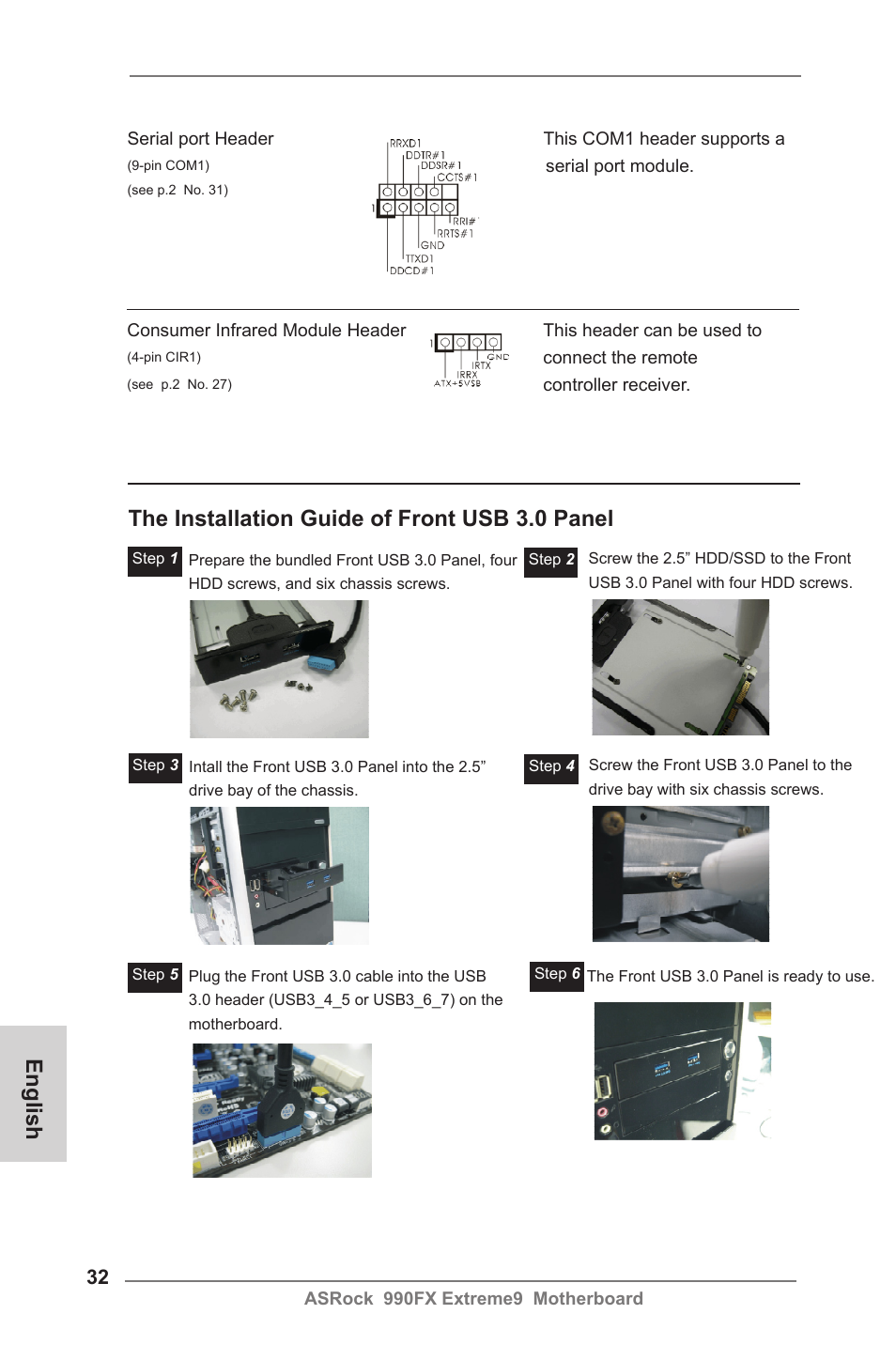 English, The installation guide of front usb 3.0 panel | ASRock 990FX Extreme9 User Manual | Page 32 / 193