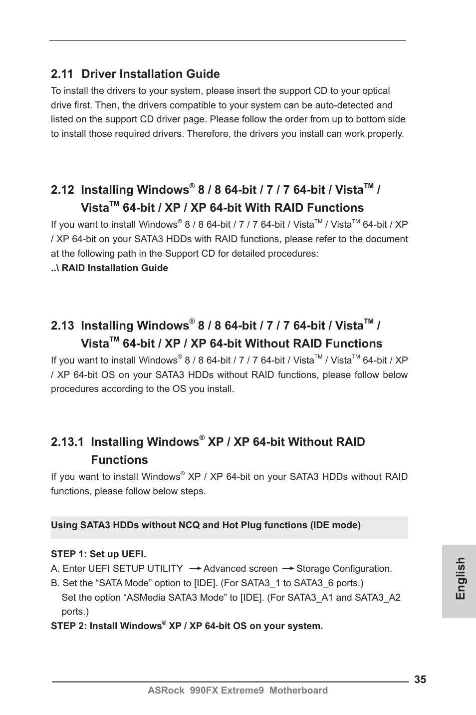 English 2.11 driver installation guide, 12 installing windows, Vista | Bit / xp / xp 64-bit with raid functions, 13 installing windows, Bit / xp / xp 64-bit without raid functions, 1 installing windows, Xp / xp 64-bit without raid functions | ASRock 990FX Extreme9 User Manual | Page 35 / 193