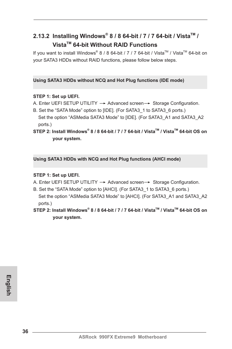 English 2.13.2 installing windows, Vista, Bit without raid functions | ASRock 990FX Extreme9 User Manual | Page 36 / 193