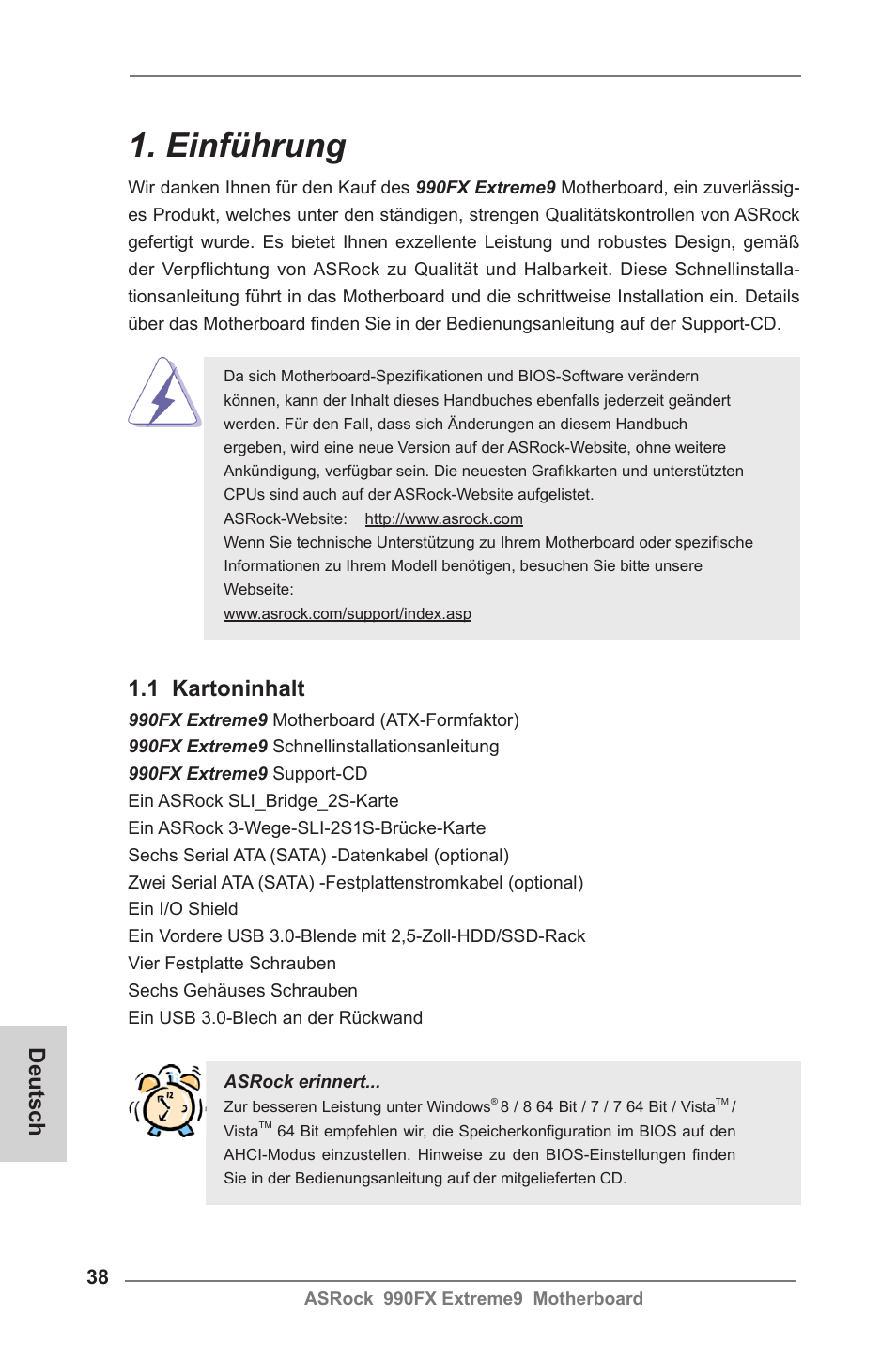 German, Einführung, 1 kartoninhalt | Deutsch | ASRock 990FX Extreme9 User Manual | Page 38 / 193
