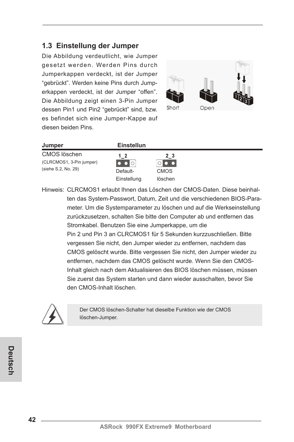 3 einstellung der jumper, Deutsch | ASRock 990FX Extreme9 User Manual | Page 42 / 193