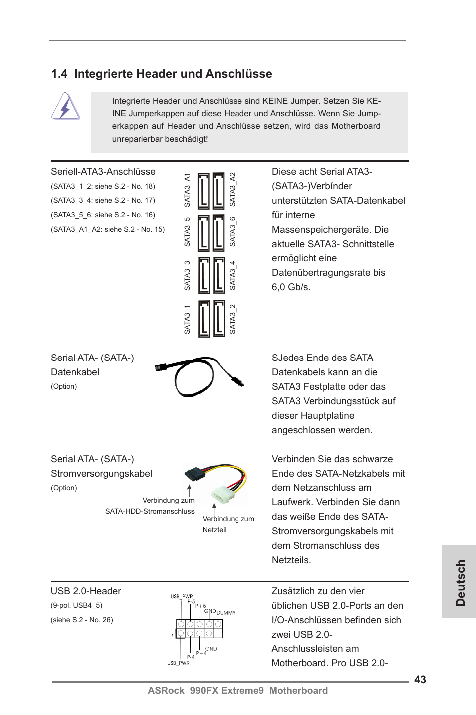 Deutsch 1.4 integrierte header und anschlüsse | ASRock 990FX Extreme9 User Manual | Page 43 / 193