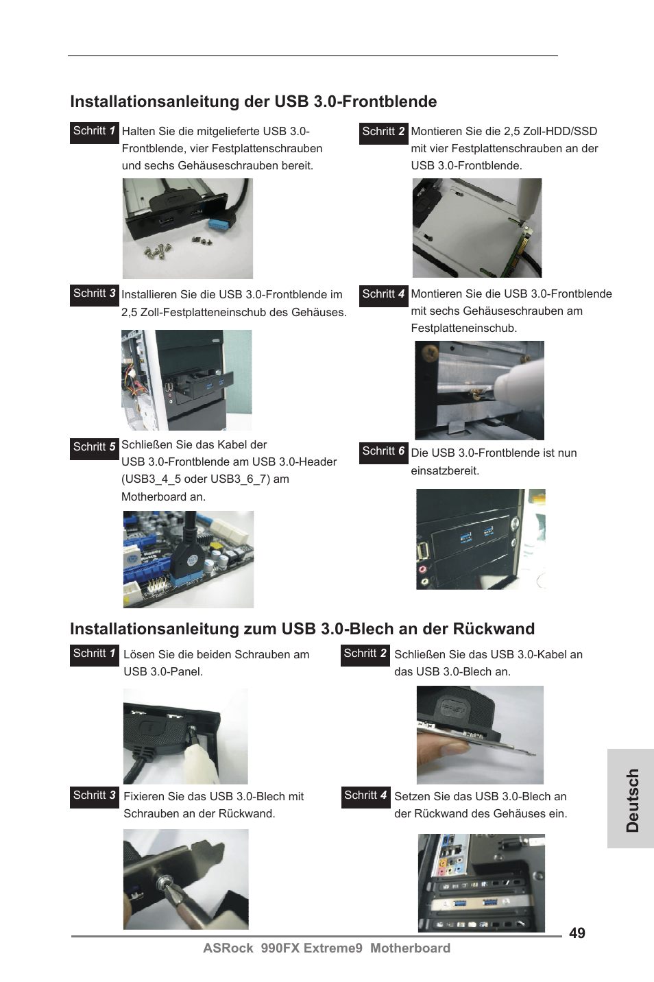 Installationsanleitung der usb 3.0-frontblende, Deutsch | ASRock 990FX Extreme9 User Manual | Page 49 / 193