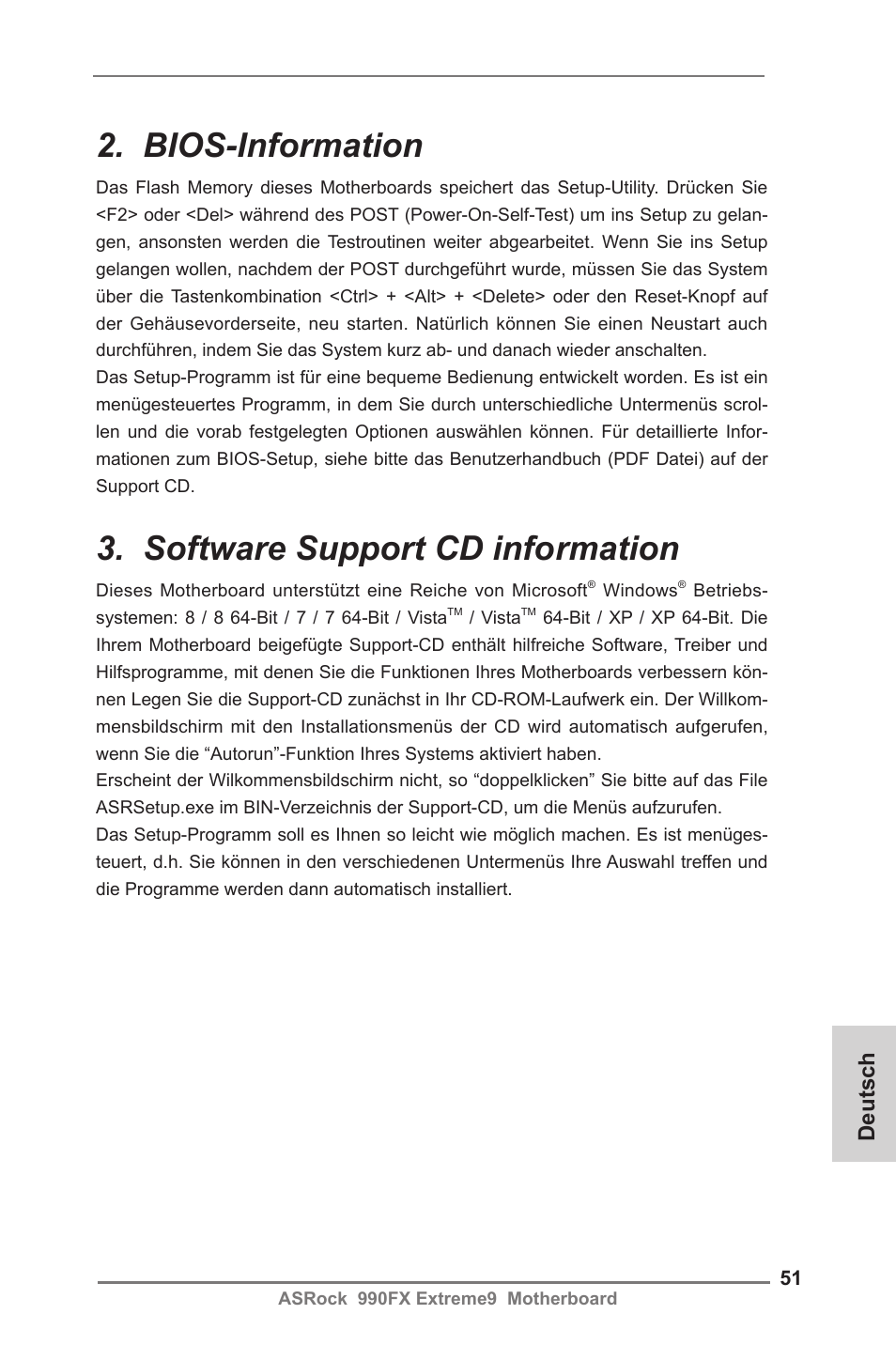 Bios-information, Software support cd information, Deutsch | ASRock 990FX Extreme9 User Manual | Page 51 / 193