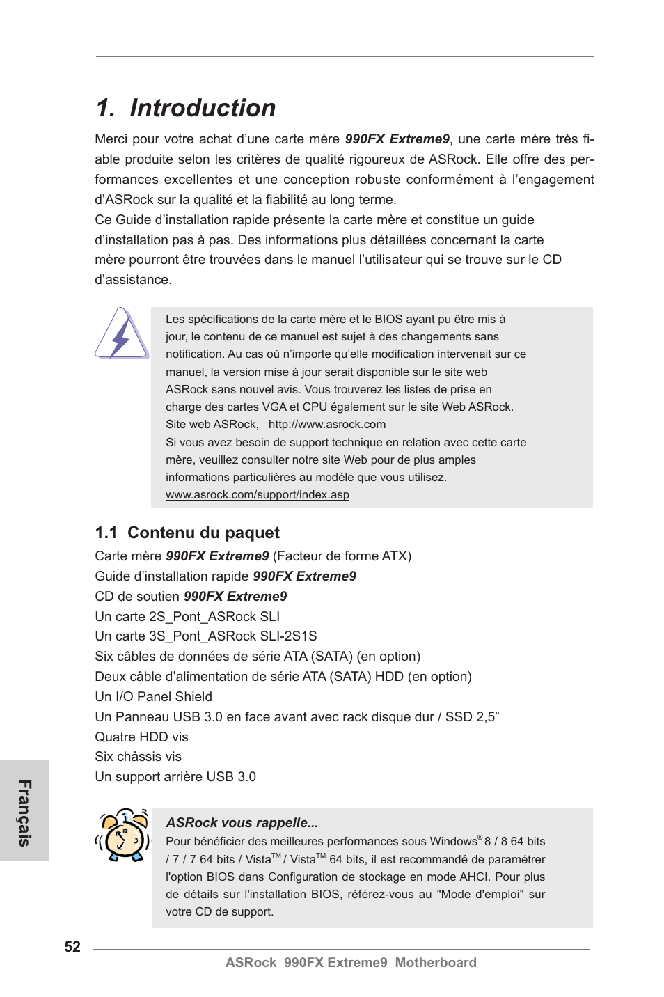 French, Introduction, 1 contenu du paquet | Français | ASRock 990FX Extreme9 User Manual | Page 52 / 193