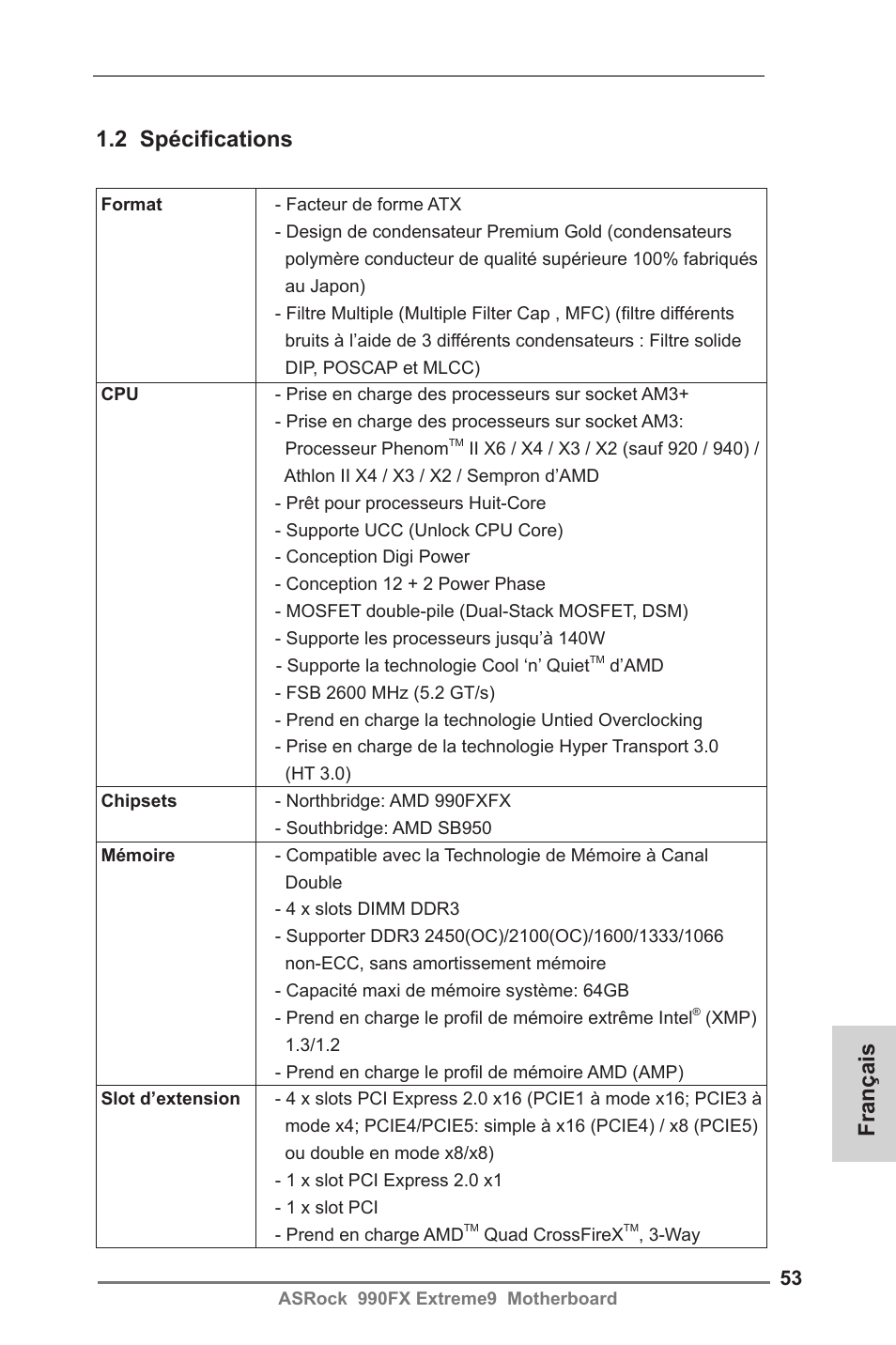 Français 1.2 spécifications | ASRock 990FX Extreme9 User Manual | Page 53 / 193