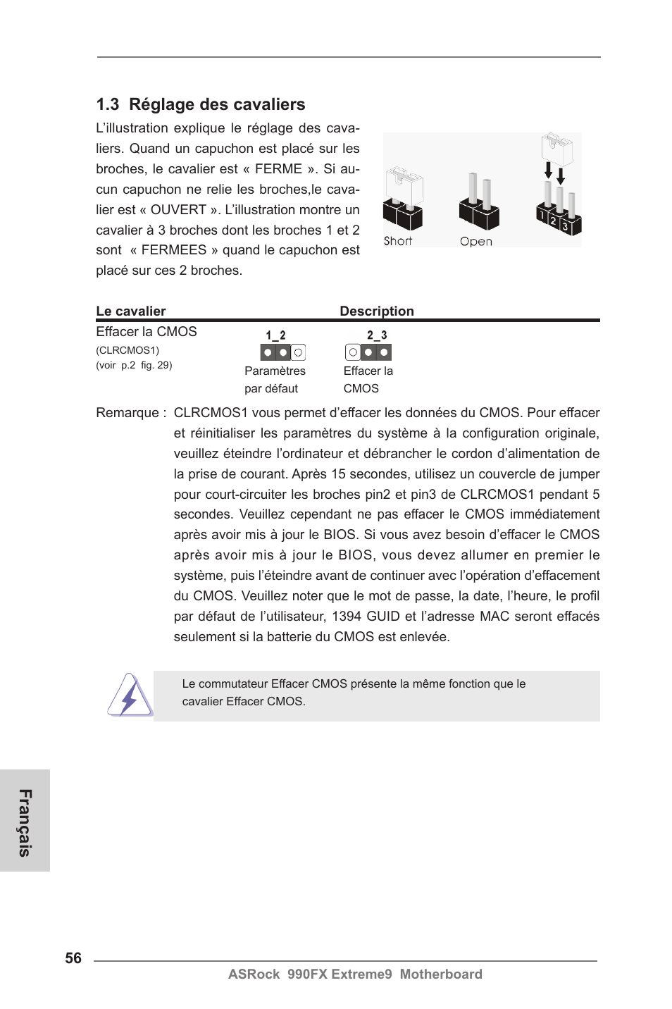 3 réglage des cavaliers, Français | ASRock 990FX Extreme9 User Manual | Page 56 / 193