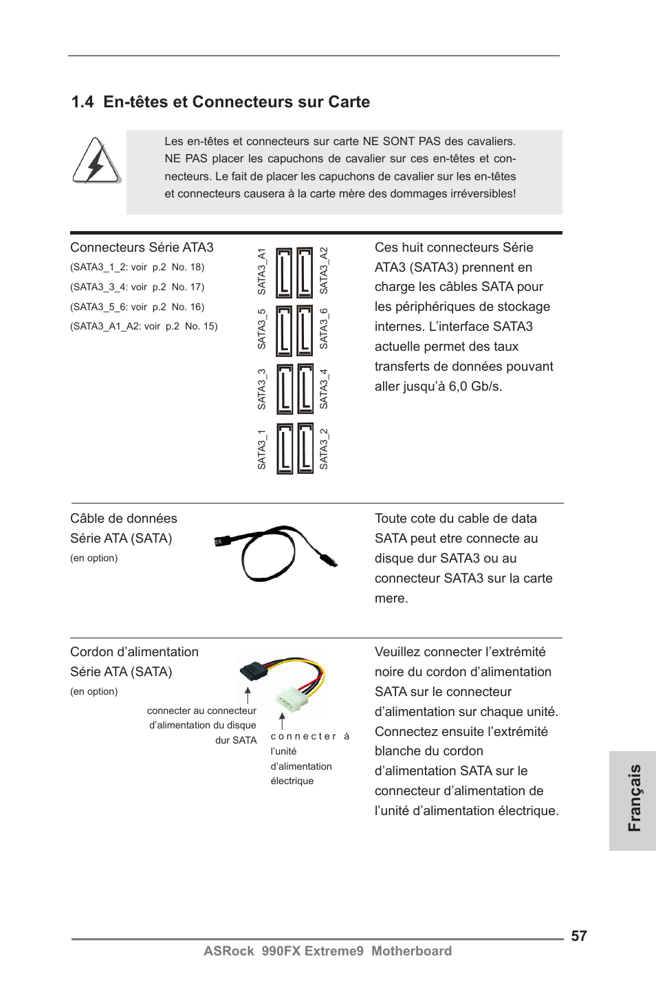Français 1.4 en-têtes et connecteurs sur carte | ASRock 990FX Extreme9 User Manual | Page 57 / 193