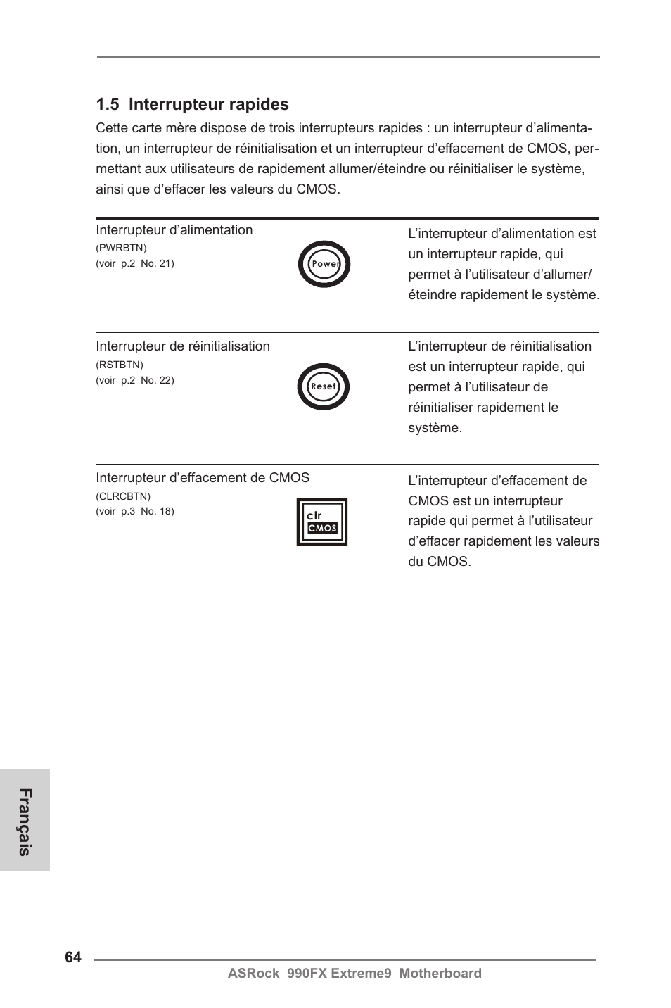 5 interrupteur rapides, Français | ASRock 990FX Extreme9 User Manual | Page 64 / 193