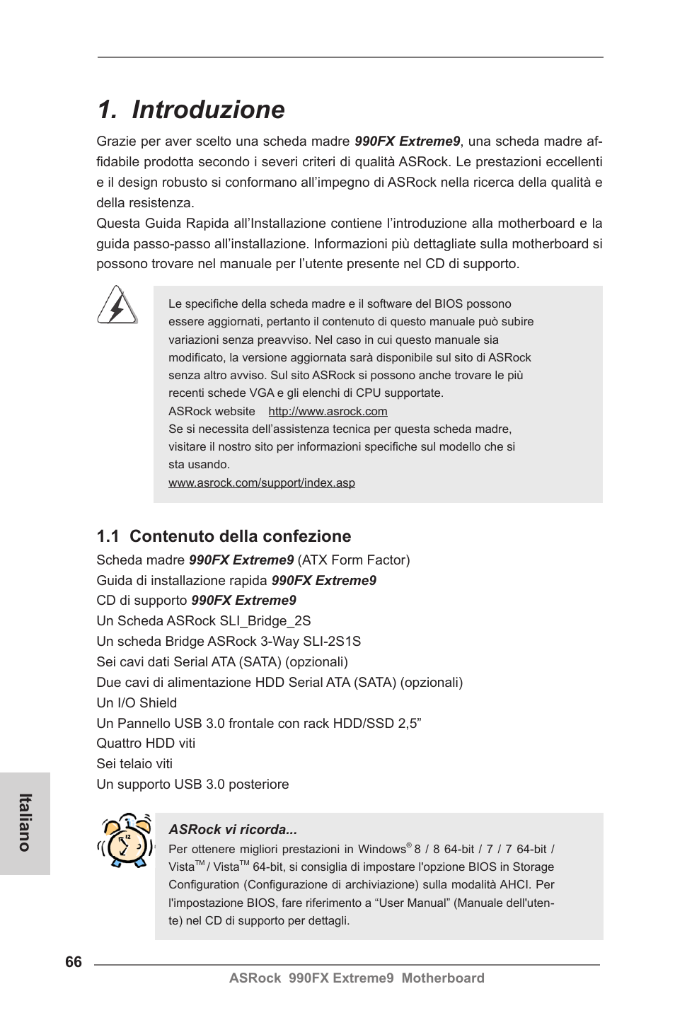 Italian, Introduzione, 1 contenuto della confezione | Italiano | ASRock 990FX Extreme9 User Manual | Page 66 / 193