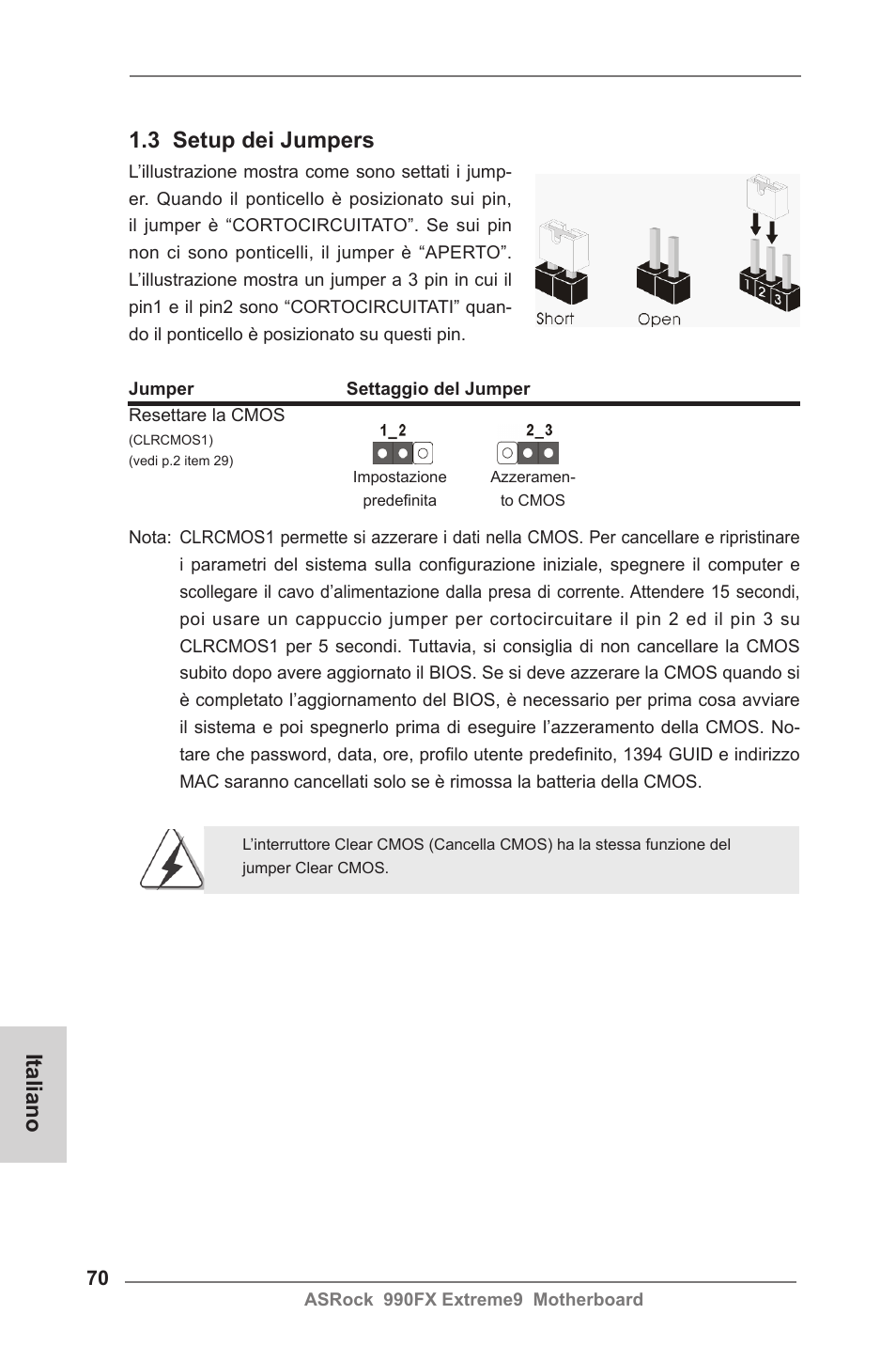 3 setup dei jumpers, Italiano | ASRock 990FX Extreme9 User Manual | Page 70 / 193