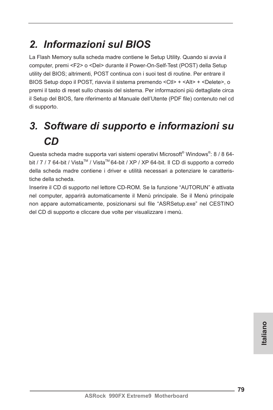 Informazioni sul bios, Software di supporto e informazioni su cd, Italiano | ASRock 990FX Extreme9 User Manual | Page 79 / 193