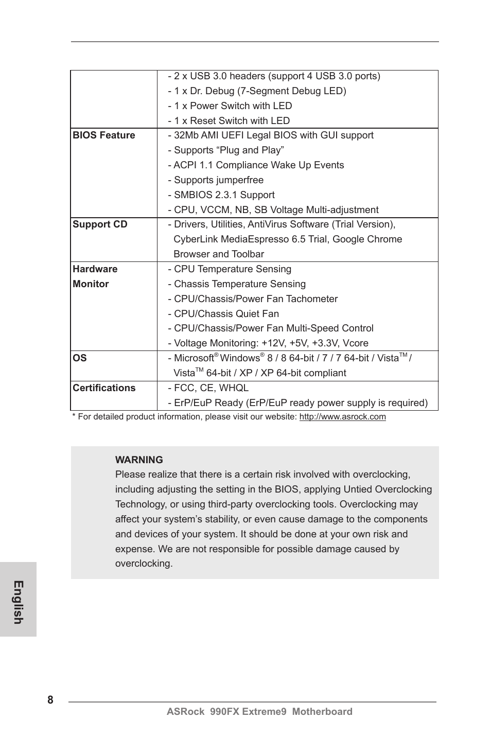 English | ASRock 990FX Extreme9 User Manual | Page 8 / 193