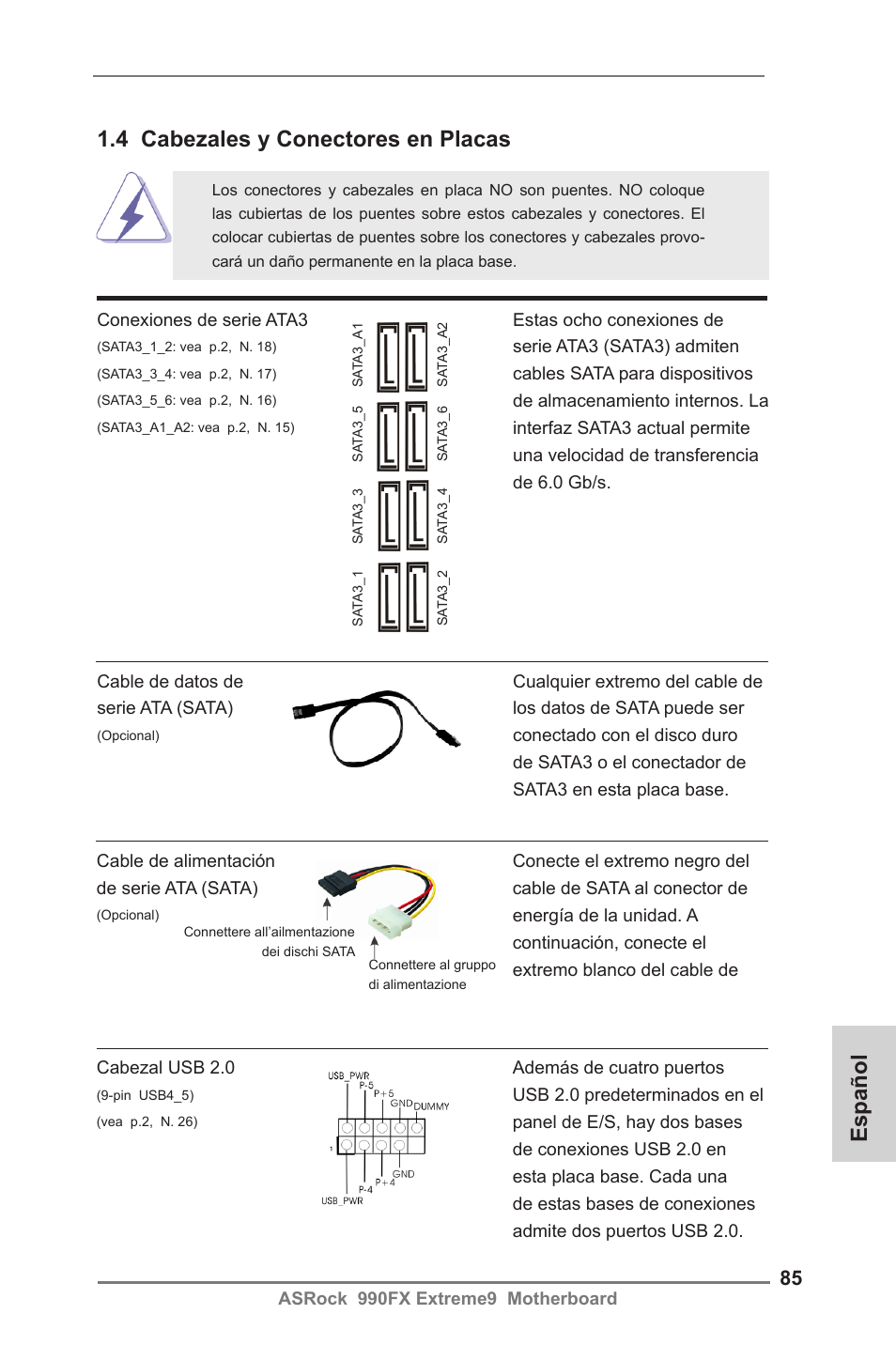 Español 1.4 cabezales y conectores en placas | ASRock 990FX Extreme9 User Manual | Page 85 / 193