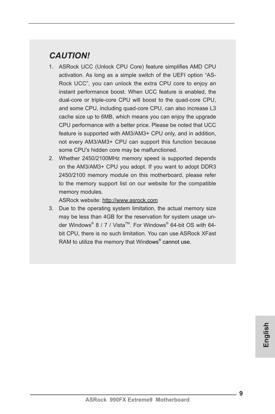 Caution, English | ASRock 990FX Extreme9 User Manual | Page 9 / 193