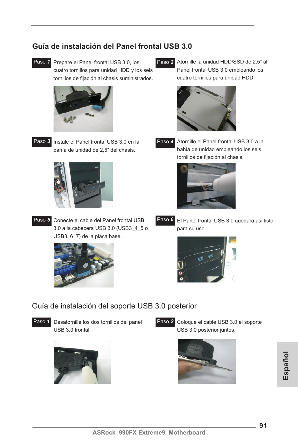 Guía de instalación del soporte usb 3.0 posterior | ASRock 990FX Extreme9 User Manual | Page 91 / 193