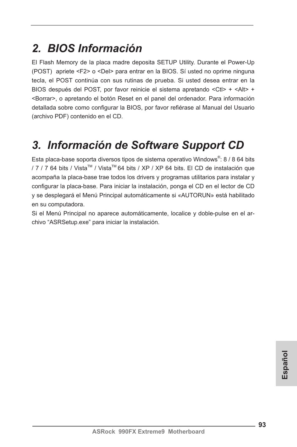 Bios información, Información de software support cd, Español | ASRock 990FX Extreme9 User Manual | Page 93 / 193