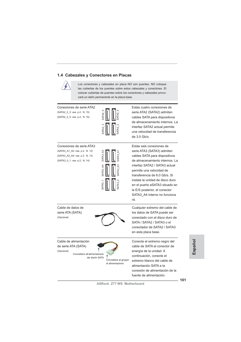 4 cabezales y conectores en placas, Español | ASRock Z77 WS User Manual | Page 101 / 208