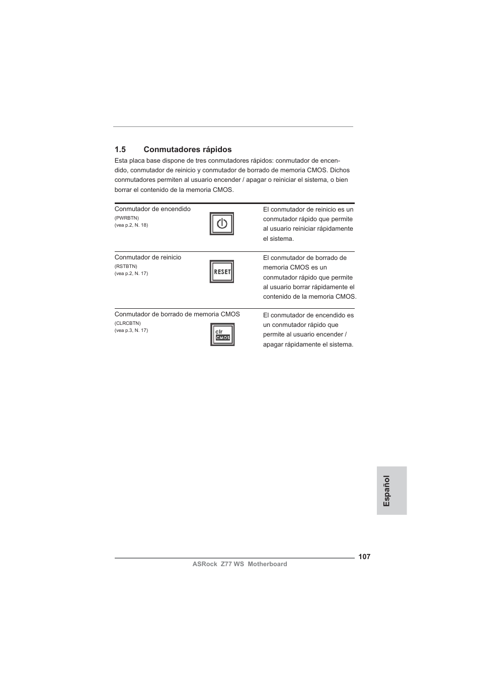 5 conmutadores rápidos, Español | ASRock Z77 WS User Manual | Page 107 / 208