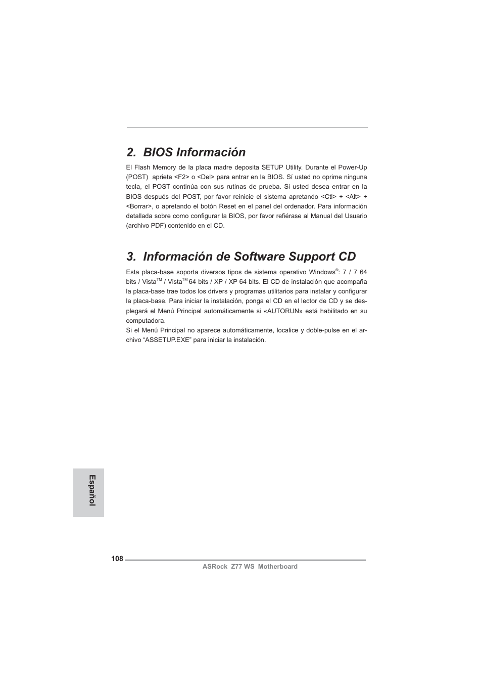 Bios información, Información de software support cd | ASRock Z77 WS User Manual | Page 108 / 208