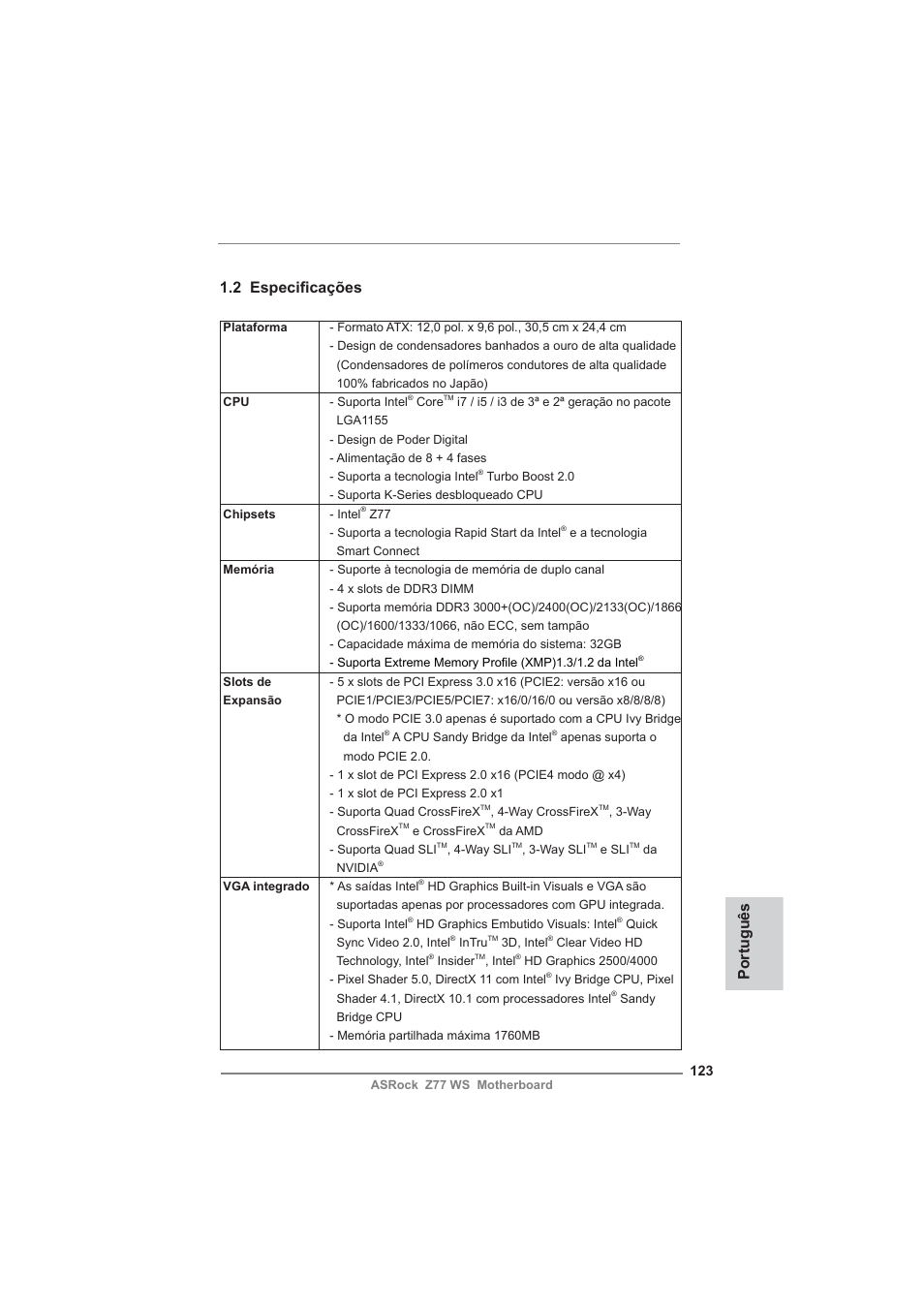 Português 1.2 especifi cações | ASRock Z77 WS User Manual | Page 123 / 208