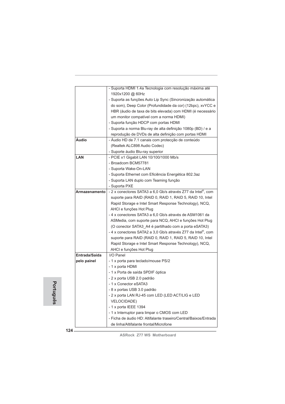 Português | ASRock Z77 WS User Manual | Page 124 / 208