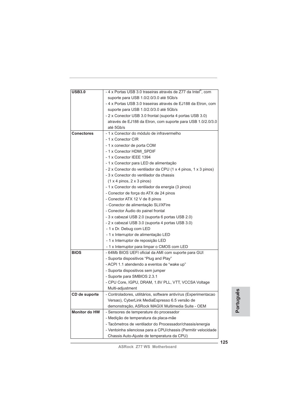 Português | ASRock Z77 WS User Manual | Page 125 / 208