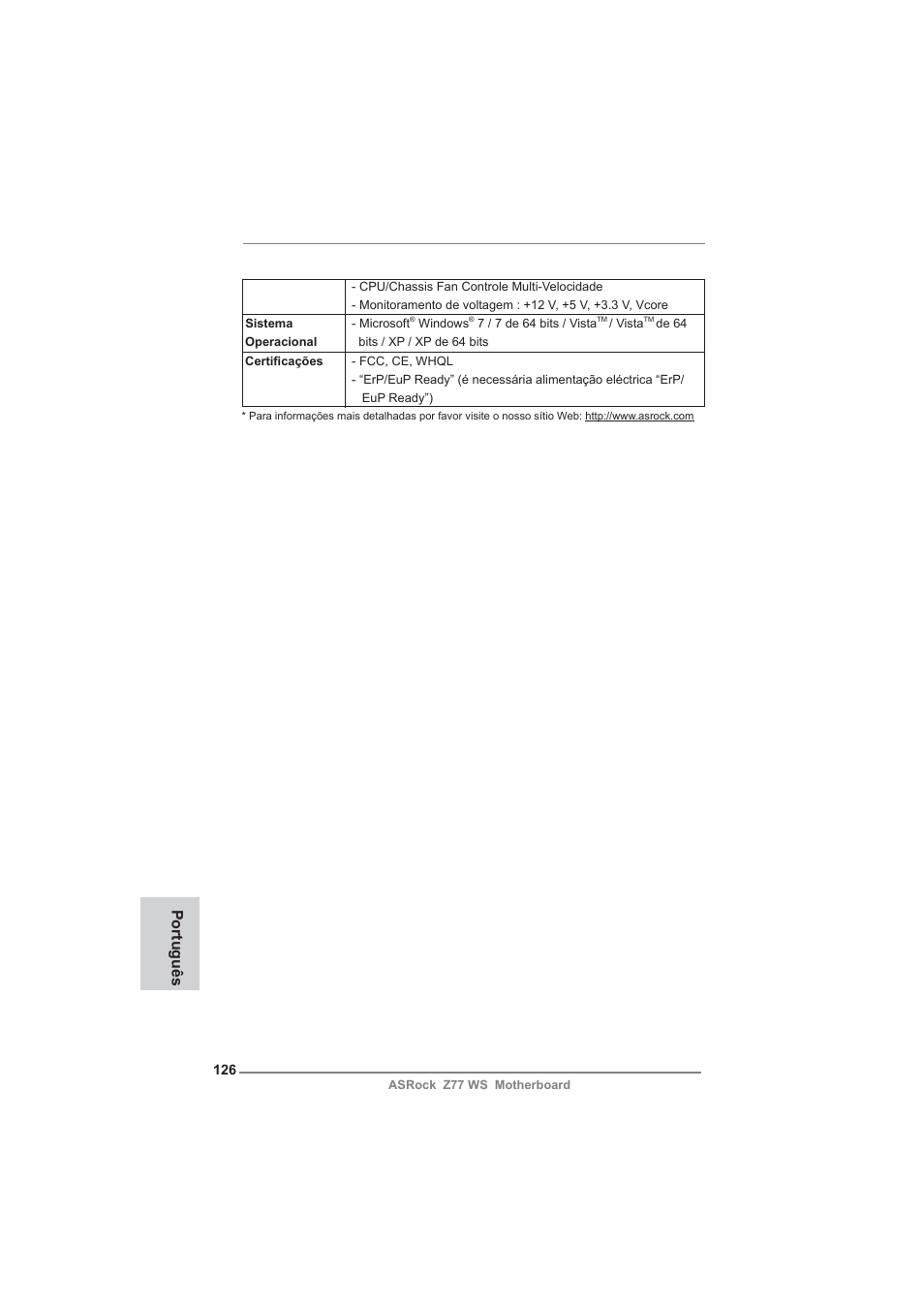 Português | ASRock Z77 WS User Manual | Page 126 / 208