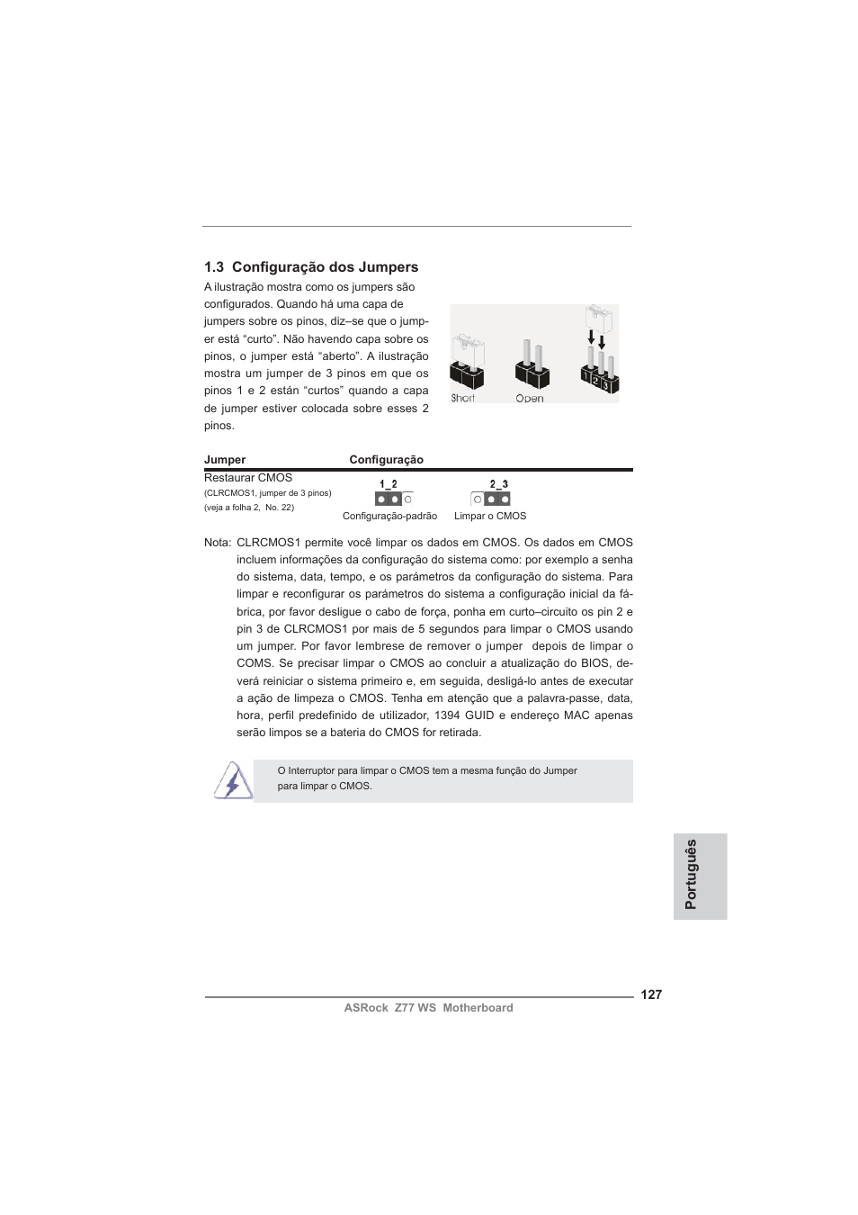 Português 1.3 confi guração dos jumpers | ASRock Z77 WS User Manual | Page 127 / 208