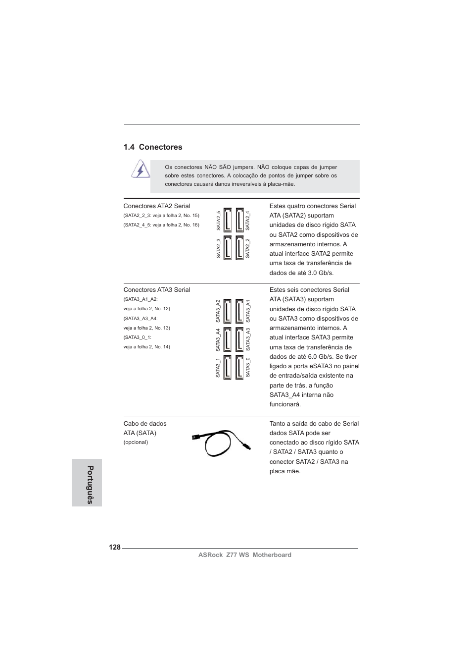Português, 4 conectores | ASRock Z77 WS User Manual | Page 128 / 208