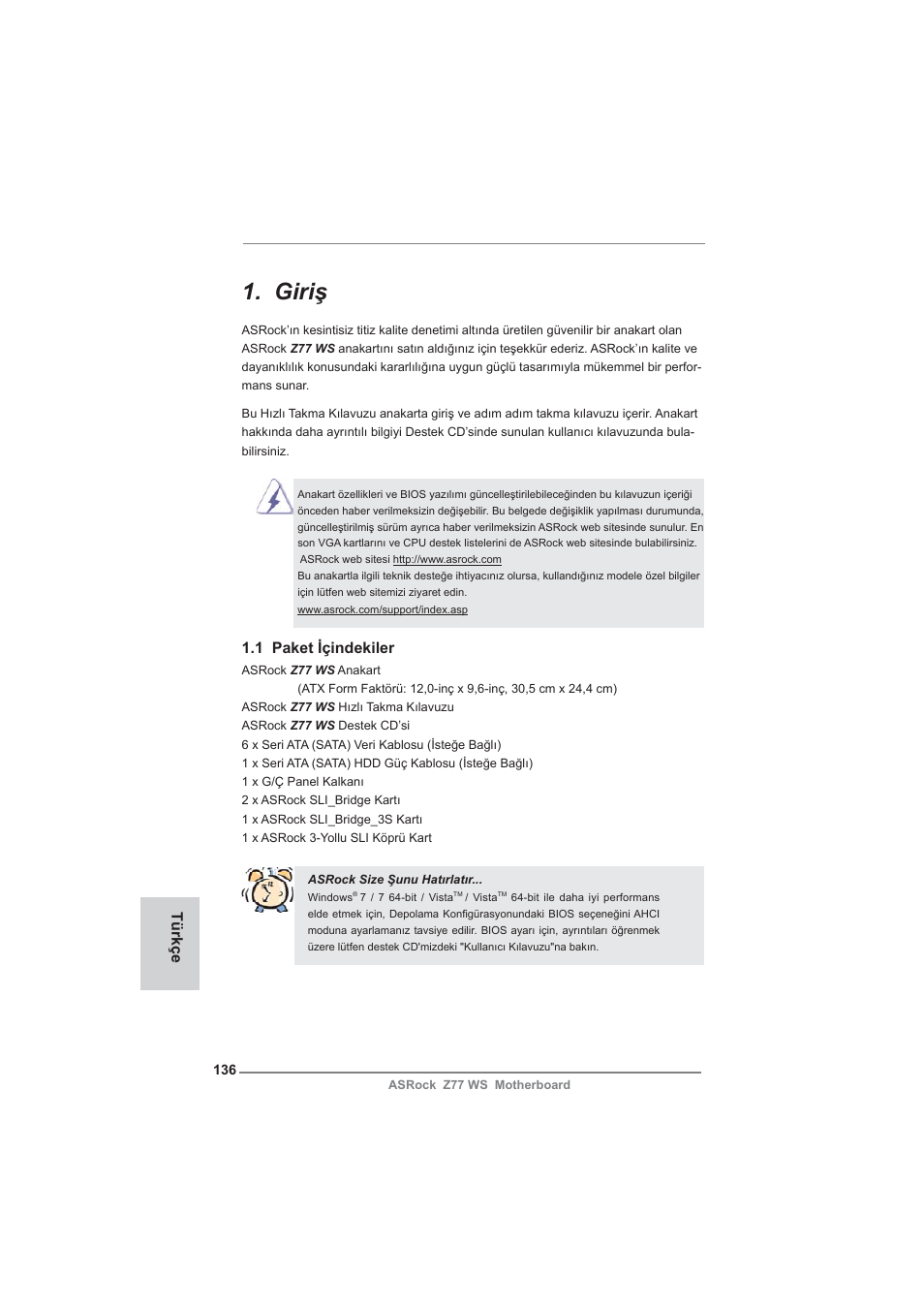 Turkish, Giriş, 1 paket içindekiler | Türkçe | ASRock Z77 WS User Manual | Page 136 / 208