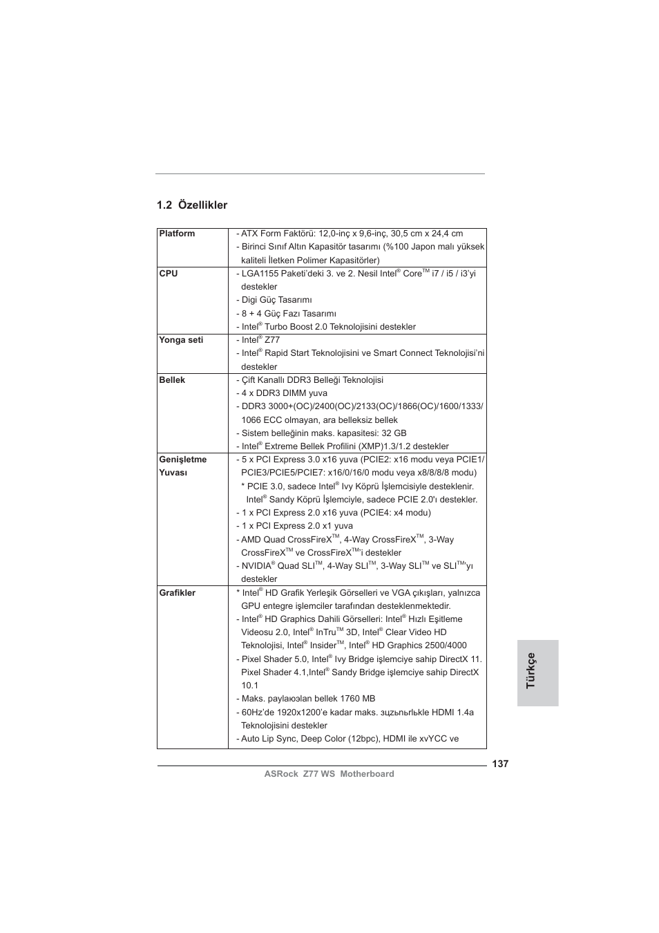 2 özellikler, Türkçe | ASRock Z77 WS User Manual | Page 137 / 208