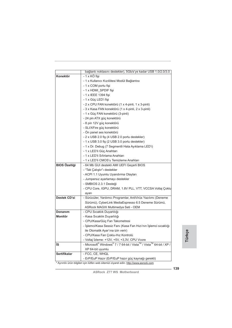 Türkçe | ASRock Z77 WS User Manual | Page 139 / 208